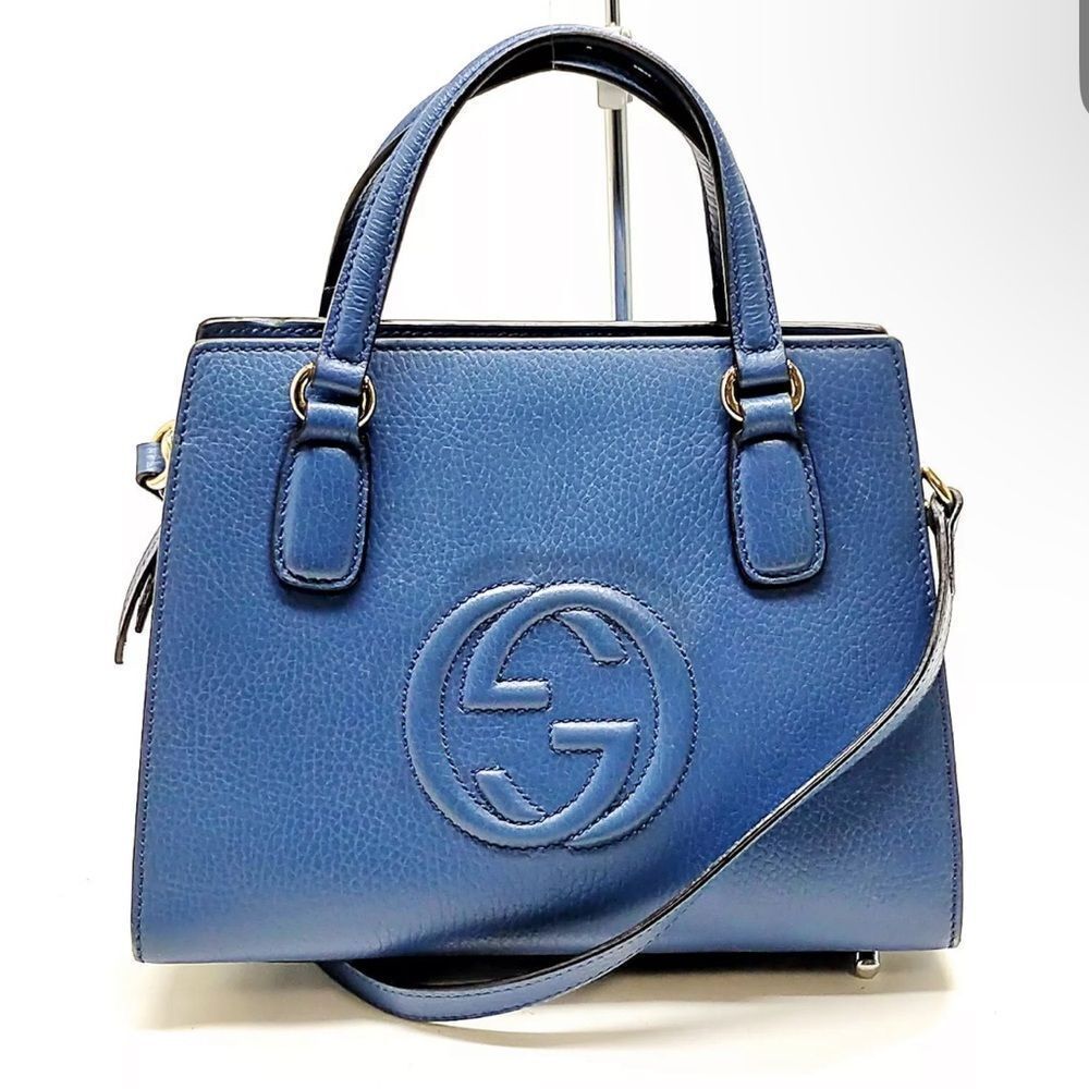 Auth Gucci Blue Leather Convertible 2way Soho Structured Bag Satchel